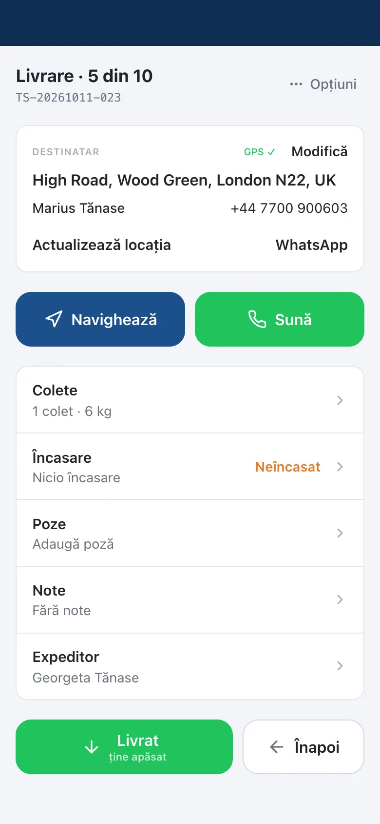 Aplicația șoferului colet.app, o oprire deschisă: adresa, destinatarul, navigarea, apelul și livrarea dintr-o apăsare