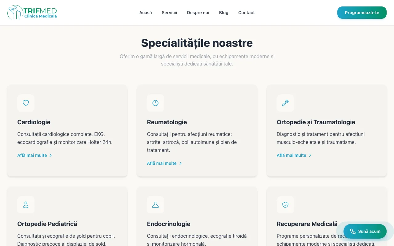 Specialitățile clinicii, pe site-ul TrifMed