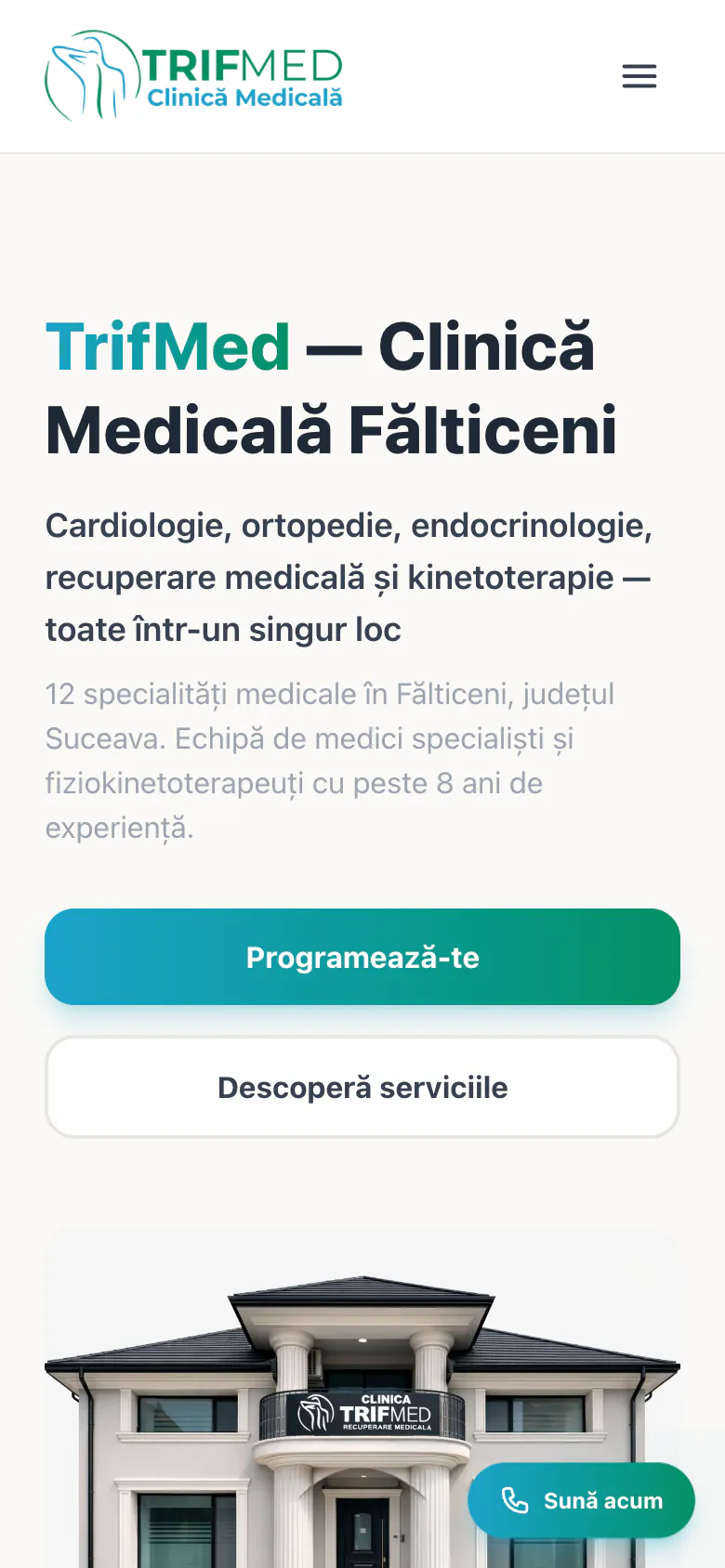 Prima pagină a site-ului TrifMed, pe telefon